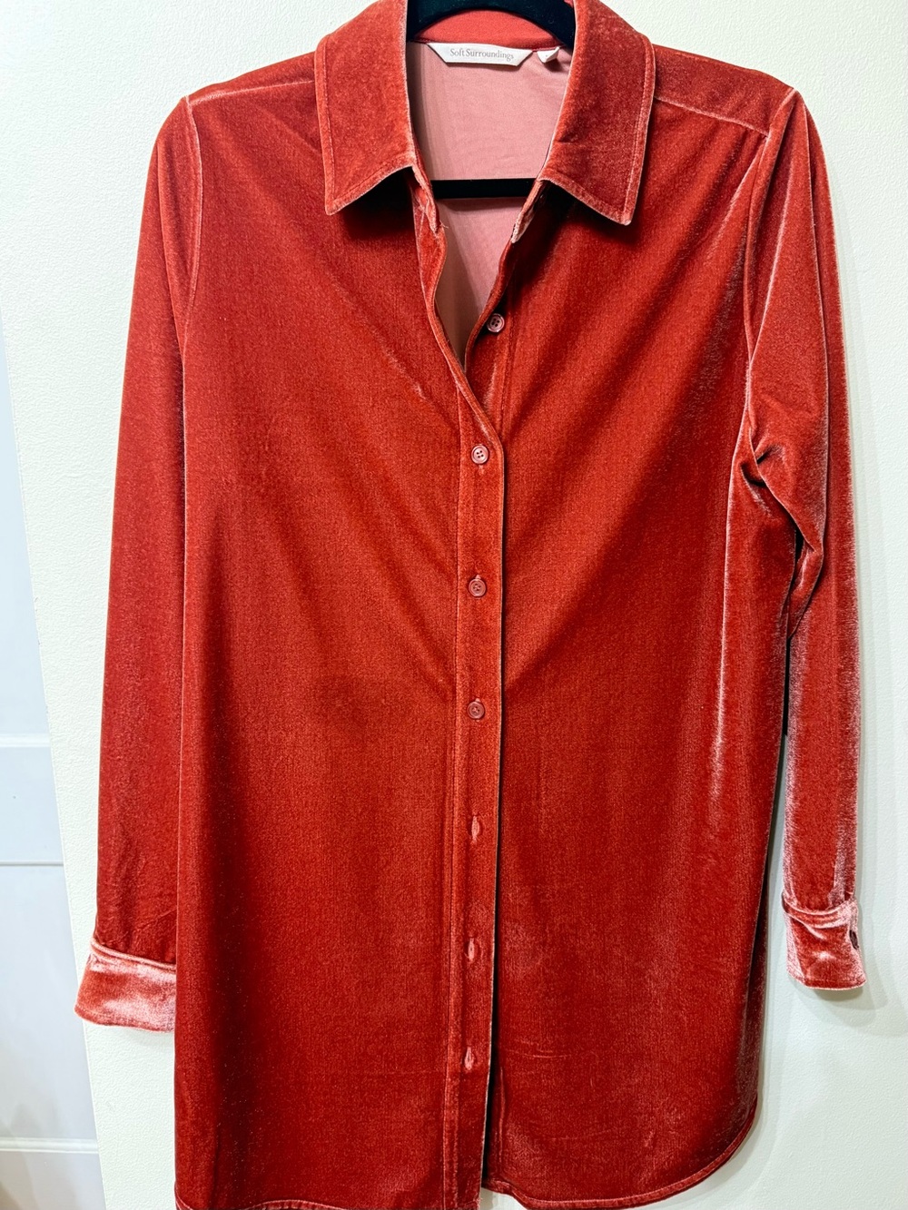 Soft Surroundings M Velvet Button Down  Big Shirt Rust Stretchy Comfy Fall Cozy
